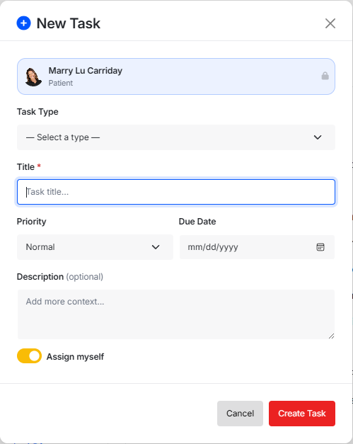Create task from patient profile
